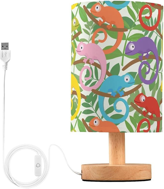 Colorful Chameleon Cartoon Lizard Animal in Green Tropical Leaf Table Lamp with Wood Base Fabric Lamp Shade Bedside Nightstand Desk Lamp for Living Room Bedroom Kids Room Office