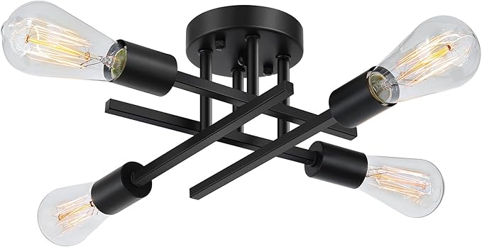 SunRider Industrial 4-Light Semi Flush Mount Ceiling Light Fixture, Modern Farmhouse Lights Matte Black, Rustic Sputnik Chandelier for Bedroom Foyer