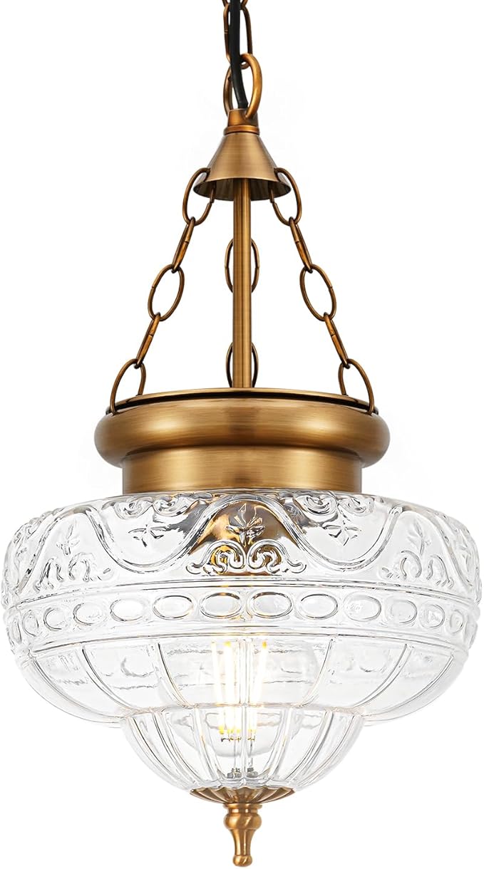 Vintage Pendant Light, Brushed Antique Brass Pendant Lights Kitchen Island with Unique Thickened Glass, Penant Lighting Fixtures with Adjustable Chain, Hanging Light Fixtures for Dining Room, Entryway