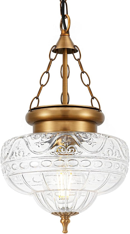 Vintage Pendant Light, Brushed Antique Brass Pendant Lights Kitchen Island with Unique Thickened Glass, Penant Lighting Fixtures with Adjustable Chain, Hanging Light Fixtures for Dining Room, Entryway