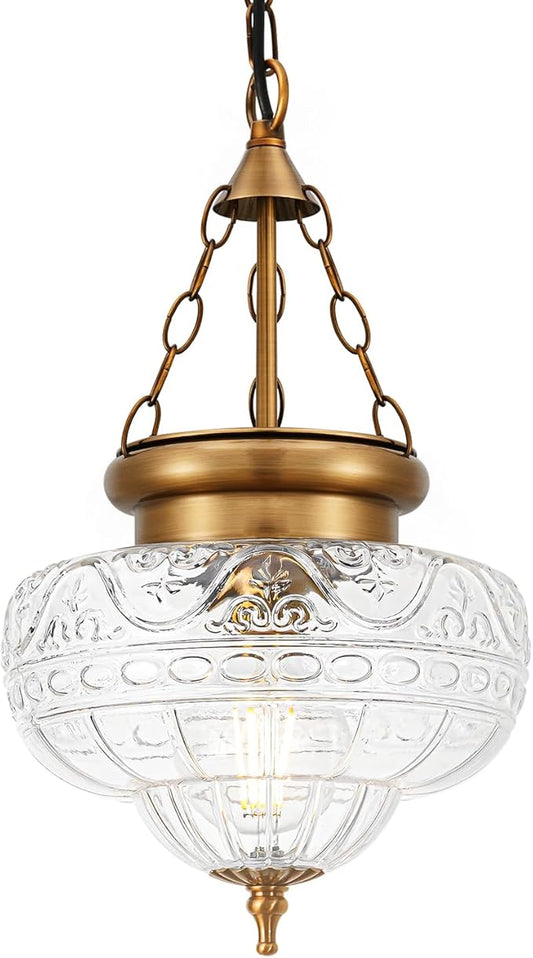 Vintage Pendant Light, Brushed Antique Brass Pendant Lights Kitchen Island with Unique Thickened Glass, Penant Lighting Fixtures with Adjustable Chain, Hanging Light Fixtures for Dining Room, Entryway