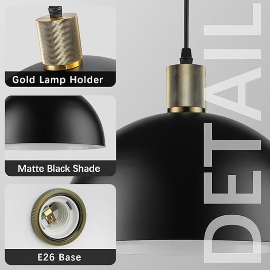 Black Pendant Lights Kitchen Island 3 Pack, 11.8" Modern Black and Gold Pendant Light Fixtures Dome Farmhouse Hanging Lights for Sink Dining Room Hallway Entryway