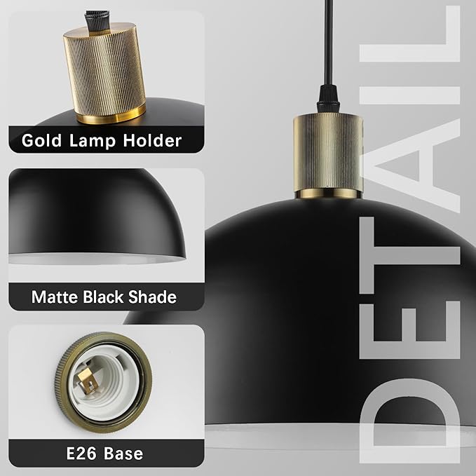 Black Pendant Lights Kitchen Island, 11.8" Modern Dome Pendant Light Fixtures Farmhouse Hanging Lights for Dining Room Hallway Sink Entryway