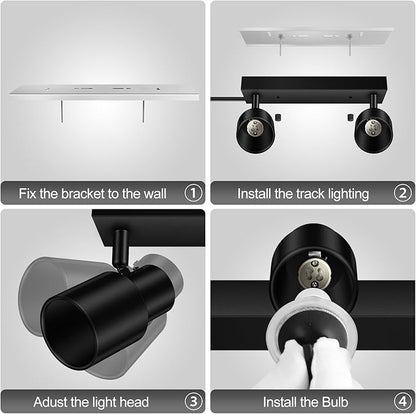Plug in Track Lighting Fixtures Ceiling, Black Track Light LED, 2-Light Plug in Wall Lights with Cord, 2 Way Ceiling Spotlight, Rocker Switch, Rotatable Spotlight for Bedroom, Bulb Not Included