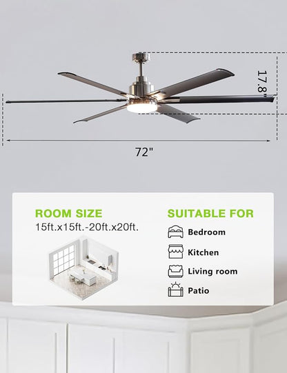 72-Inch DC Motor Ceiling Fan with LED Light, 6 Black Aluminum Blades, Remote Control, Reversible, Energy Efficient Large Indoor/Outdoor Ceiling Fan for Living Room, Patio
