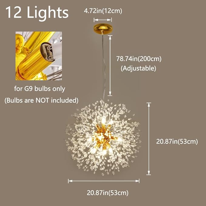 Gold Crystal Chandeliers 12-Light Modern Dandelion Light Fixture,Firework Chandelier,Personalized Ceiling Hanging Lighting for Bedroom,Dining Room,Living Room Chandelier