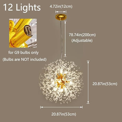 Gold Crystal Chandeliers 12-Light Modern Dandelion Light Fixture,Firework Chandelier,Personalized Ceiling Hanging Lighting for Bedroom,Dining Room,Living Room Chandelier