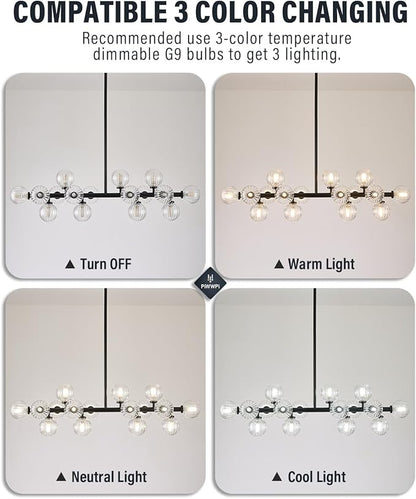 Glass Globe Sputnik Chandelier, 16-Light Mid Century Modern Light Fixture Over Table, Linear Chandeliers for Dining Room, Kitchen Island, Black and Clear Bubble, 40 Inch, GC-02