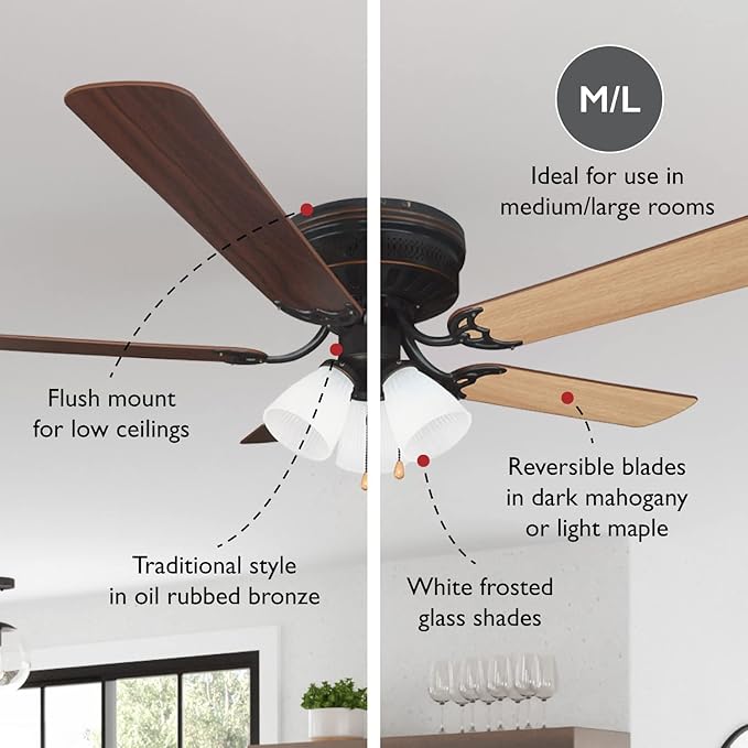 Design House 157388-ORB Millbridge 52-Inch Traditional 3-Speed, 5-Blade LED Indoor Hugger/Low Profile Ceiling Fan with LED Light Kit, Reversible Blades, Reverse Airflow, Oil Rubbed Bronze