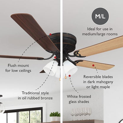Design House 157388-ORB Millbridge 52-Inch Traditional 3-Speed, 5-Blade LED Indoor Hugger/Low Profile Ceiling Fan with LED Light Kit, Reversible Blades, Reverse Airflow, Oil Rubbed Bronze