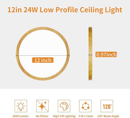 Light Fixtures Ceiling Mount: 12 Inch 24W Wood Grain LED Ceiling Light 3000K-4000K-6000K Selectable Flat Low Profile Round Ceiling Lights for Bedroom Laundry Closet Hallway Office