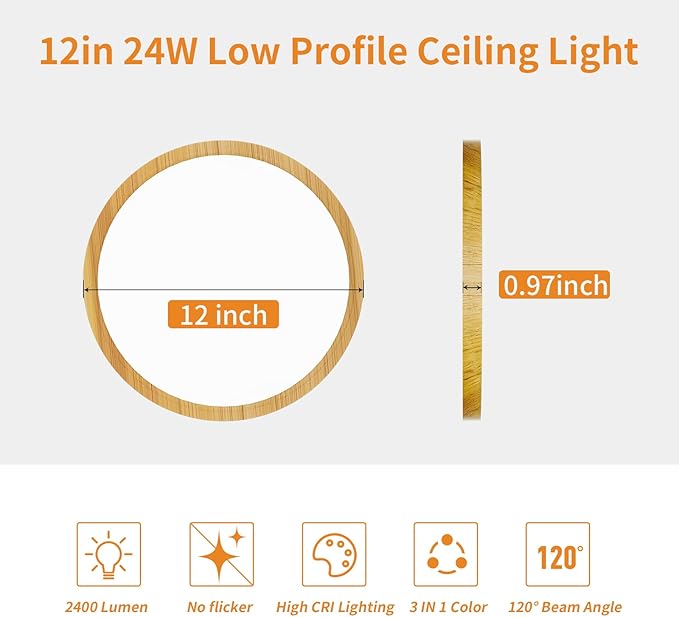 Light Fixtures Ceiling Mount: 12 Inch 24W Wood Grain 3CCT LED Ceiling Light 3000K-4000K-6000K Selectable Flat Round Lights for Bedroom Laundry Closet Hallway Office Set of 2
