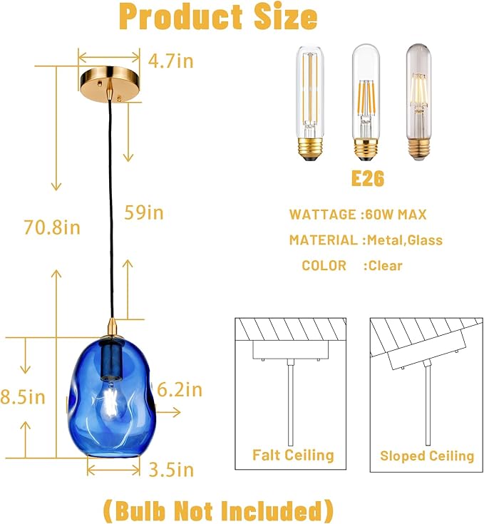 Pendant Lights Kitchen Island Adjustable Organic Globe Modern Gold Ceiling Hanging Light Fixtures for Bar, Counter, Porch, Patio, Over Sink Dining Room,Table 8.5'' Height -Blue
