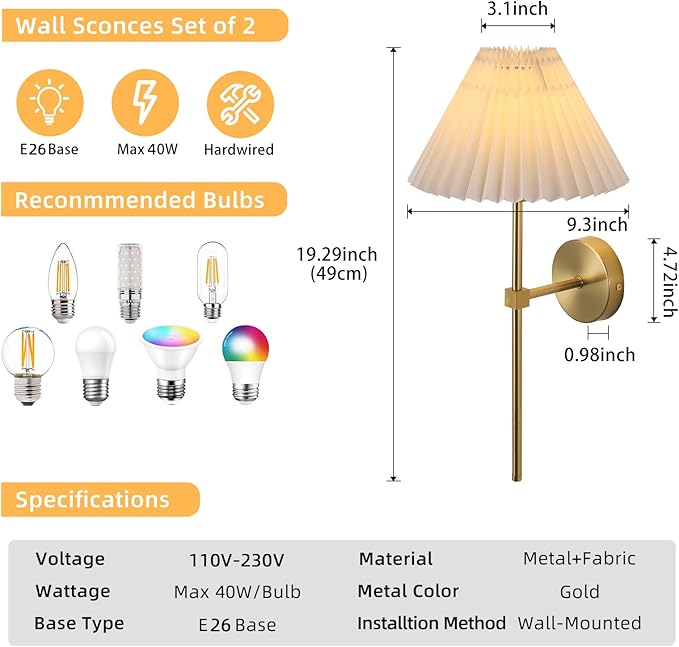 KELUOLY Wall Sconces Sets of 2 White Fabric lampshade Gold Wall Lamp Column Bracket Wall Lighting Bathroom Dresser Hardwired lamp Applicable to Living Room Bedroom Dining Room