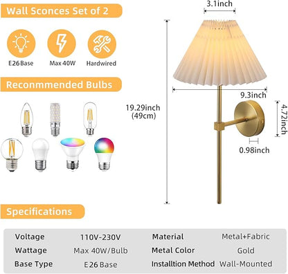KELUOLY Wall Sconces Sets of 2 White Fabric lampshade Gold Wall Lamp Column Bracket Wall Lighting Bathroom Dresser Hardwired lamp Applicable to Living Room Bedroom Dining Room