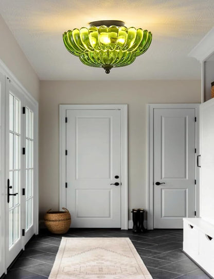 Semi Flush Mount Ceiling Light, Green Glass Ceiling Light Fixture, 3-Bulb Modern Black Close to Ceiling Light, Vintage Glass Ceiling Lights for Bedroom Kitchen Living Room, Bulb Not Included