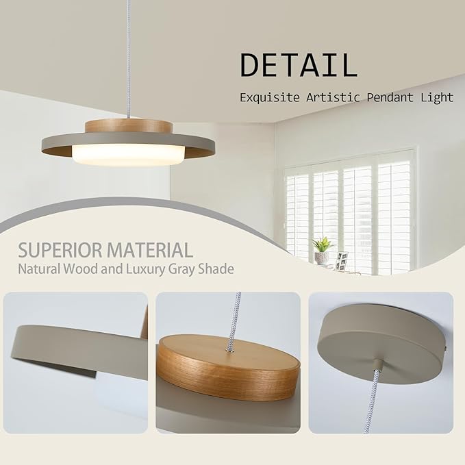 Modern Pendant Lights,15 inch,Real Wood Cap,3000K/Warm White/22W Dimmable,LED Pendant Light Fixtures for Kitchen, Dining Room, Living Room,Gray