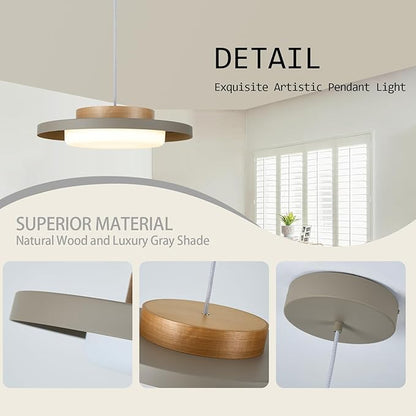 Modern Pendant Lights,15 inch,Real Wood Cap,3000K/Warm White/22W Dimmable,LED Pendant Light Fixtures for Kitchen, Dining Room, Living Room,Gray