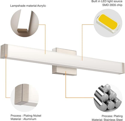 Bathroom Vanity Light Brushed Nickel Square LED 24 inch 14W 4000K Natural White Light Wall Bar Lighting Fixtures Over Mirror (Brushed Nickel, 33.5in Dimmable)