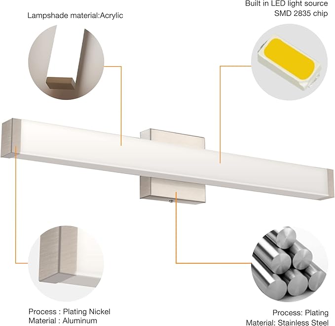 Bathroom Vanity Light Brushed Nickel Square LED 24 inch 14W 4000K Natural White Light Wall Bar Lighting Fixtures Over Mirror (Brushed Nickel, 33.5 inch)