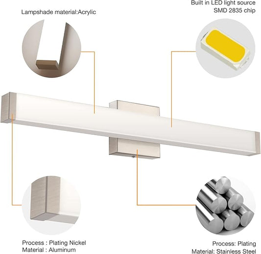 Bathroom Vanity Light Brushed Nickel Square LED 24 inch 14W 4000K Natural White Light Wall Bar Lighting Fixtures Over Mirror (Brushed Nickel, 33.5 inch)