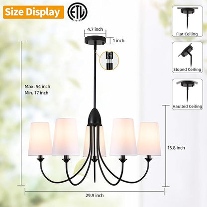 Black Chandelier,5-Light Vintage Farmhouse Chandeliers for Dining Room with White Fabric Shade,30" Modern Industral Chandelier Light Fixture for Bedroom Foyer Porch Living Room Kitchen entryway