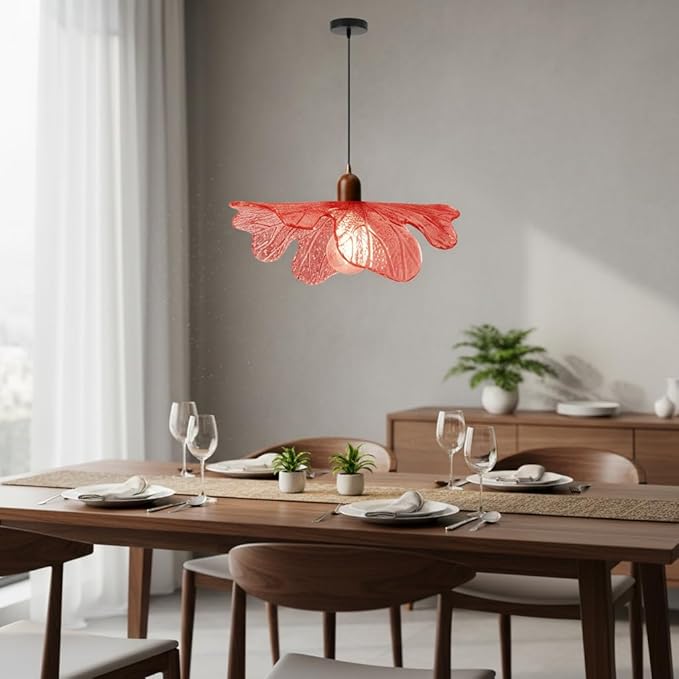 Red Leaf Glass Pendant Light Fixture, Modern Flower Hanging Ceiling Lamp with Wood Accent, Mid Century Floral Pendant Lighting for Kitchen Island Dining Room Living Room Bedroom