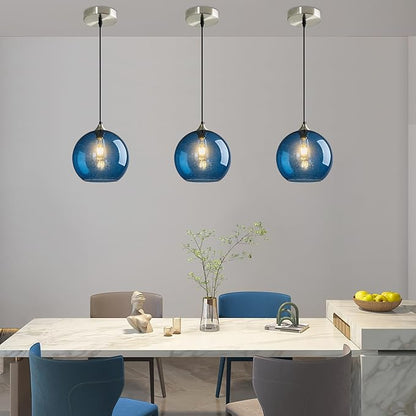 Modern 3-Pack Glass Globe Pendant Lights, Blue Modern Pendant Lighting for Kitchen Island, Clear Glass Hanging Lamps for Dining Room Living Room Bedroom, Large 9.85 Inch Fixture (Bulbs Not Included)