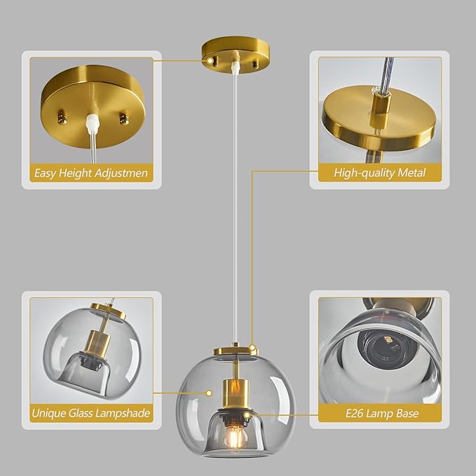Light Grey Glass Pendant Lights Kitchen Island Gold Hanging Light Fixture Glass Globe Pendant Light Modern Pendant Lighting for Kitchen Island Bedroom Dining Room (7.87", 2 Pack)