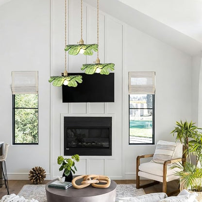 Green Glass Pendant Light 3-Light Cluster Chandelier Adjustable Gold Brass Pendant Hanging Light Farmhouse Pendant Lights for Kitchen Island Dining Room Bedroom