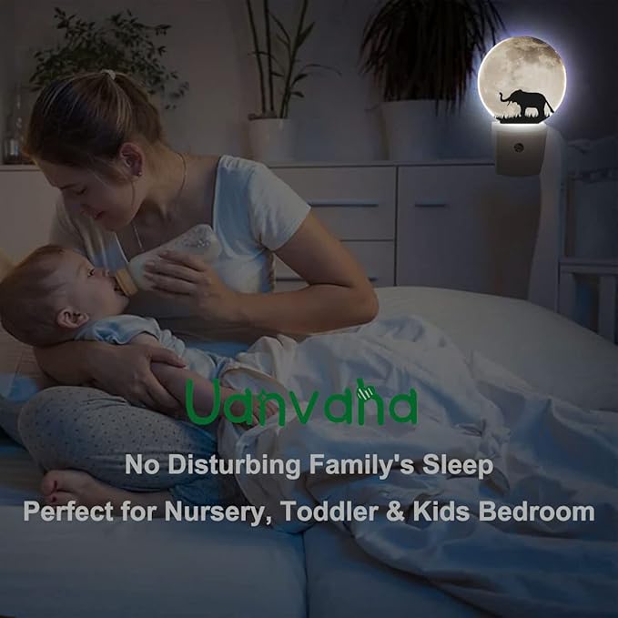 African Animal Night Light Silhouette Elephant on Full Moon Night Lights Plug into Wall 0.5W LED Lighting Auto on/Off for Hallway Stairway Kitchen Home Decor