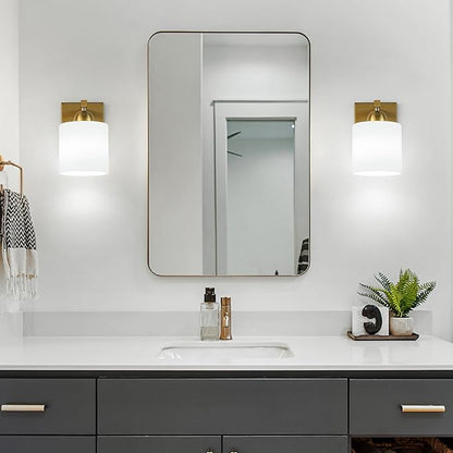 Mecgirn Gold Milk Glass Wall Sconces, 1 Pack Hardwired Indoor Wall Light Fixtures for Living Room, Hallway, Bedroom, Ceramic E26 Sockets (Bulbs Not Included)