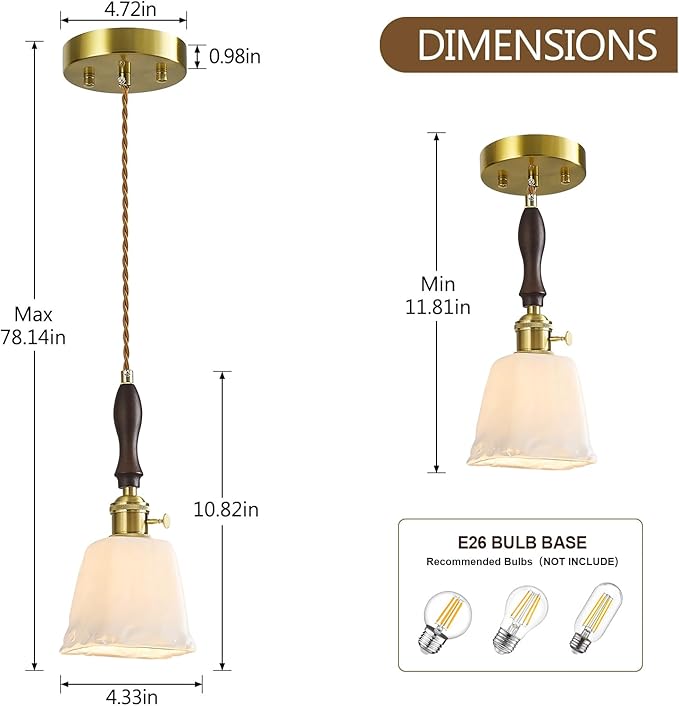 Milky White Glass Vintage Pendant Light Height Adjustable Handmade Glass Pendant Lights Kitchen Island Gold Hanging Light Fixture with Wood Handle for Bedroom Dining Room Hotel (1 Pack)