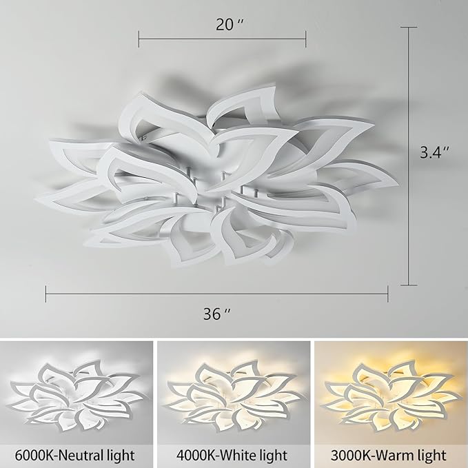 36" White Modern Geometric Dimmable Ceiling Light Fixture, 15 Leaves Low Profile Flush Mount Ceiling Light for Kitchen, Bedroom, Living Room