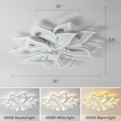 36" White Modern Geometric Dimmable Ceiling Light Fixture, 15 Leaves Low Profile Flush Mount Ceiling Light for Kitchen, Bedroom, Living Room