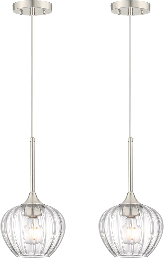 2-Pack Glass Pendant Lights Kitchen Island, 7" Modern Brushed Nickel Pendant Lighting Small Hanging Light Fixtures for Kitchen, Dining Room, Bathroom, Bedroom