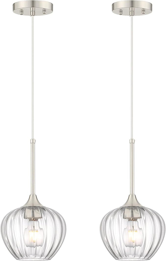 2-Pack Glass Pendant Lights Kitchen Island, 7" Modern Brushed Nickel Pendant Lighting Small Hanging Light Fixtures for Kitchen, Dining Room, Bathroom, Bedroom