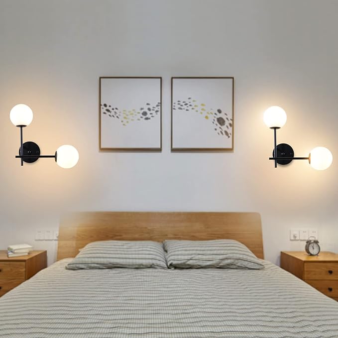 BYOLIIMA Black Globe Wall Sconces, 2-Light Modern Matte Black Vanity Lights with White Globe Glass Shade, Industrial Farmhouse Wall Lamp for Bedroom, Living Room, Kitchen, Bathroom