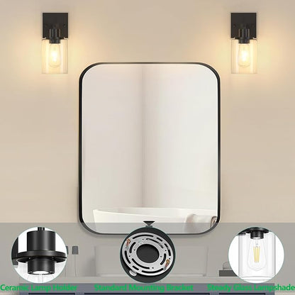 Licperron Black Vanity Wall Sconces Set of Two, Modern Sconces Wall Lighting Fixture with Clear Glass Shade for Bathroom, Industrial Metal Wall Mount Lamp for Bedroom Mirror Living Room