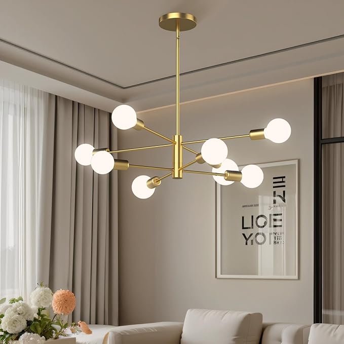 Gold Modern Sputnik Chandelier 8-Lights Mid Century Chandeliers Flush Mount Sputnik Lights Fixture for Dining Room, Living Room,Kitchen Island Height Adjustable (Bulbs Not Included)