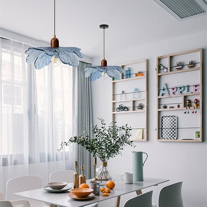Mid Century Blue Glass Hanging Light Solid Wood Pendant Light Kitchen Island Flower Chandelier Adjustable Hanging Light for Kitchen Island Dining Room Hallway