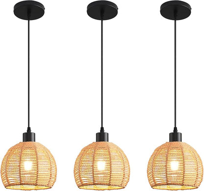 Woven Pendant Light Boho Chandelier, Rattan Pendant Lights Kitchen Island, Farmhouse Pendant Lighting with Hand Woven Wicker Shade, Boho Chandelier Light Fixtures Ceiling Hanging Light