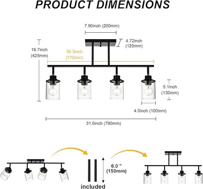 Yaohong 4-Light Black Farmhouse Track Lighting Fixtures Ceiling, Bathroom Track Lighting Kit Wall Light with Ajustable Heads, Kitchen Track Lighting Fixtures with Glass Shade for Hallway Shop