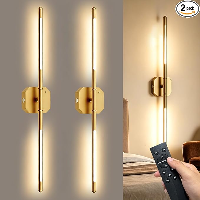 Rechargeable Wall Sconce Set of 2, 35Hrs+ Battery Operated Wall Lights, Wireless Wall Sconce with Remote, 360° Rotatable, Dimmable 3 Color LED Cordless Wall Sconce for Bedroom, Living Room, 23in Gold
