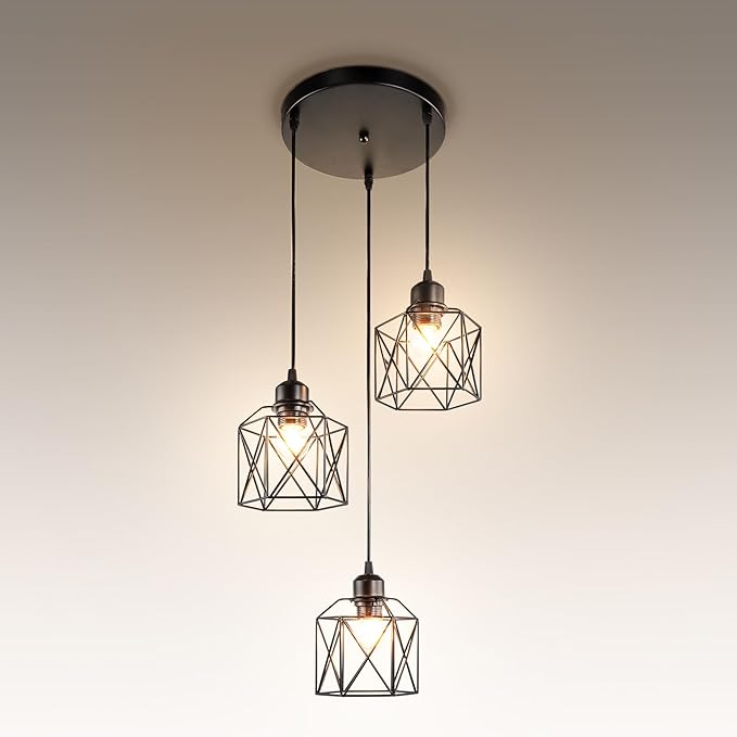ASD Black Pendant Light Fixture - 3xE26 120V ETL Modern Pendant Lights Kitchen Island, Industrial Hallway, Living Room, Kitchen Island Lighting, Hanging Dining Room Light Fixtures Over Table
