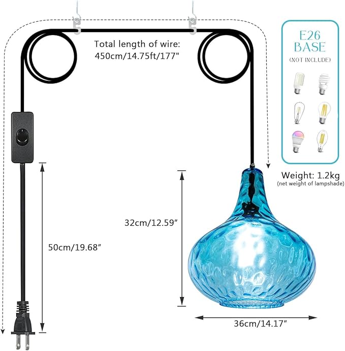 2-Pack Blue Hanging Lamp Vintage Plug in Pendant Light Fixture Globe Glass Plug in Ceilig Pendant Lamp with Cord Hammered Shade Plugin Hanging Lamp for Bedroom Dining Living Room