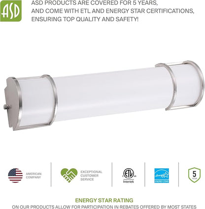 ASD LED 18" Vanity Flush Mount Light Fixture, Linear Bathroom Lighting Bar | 3CCT, Dimmable, Energy Star, ETL Listed | 20W 1650LM 3000-5000K 120V | Long Tube Bath Wall Sconce Over Mirror | Nickel