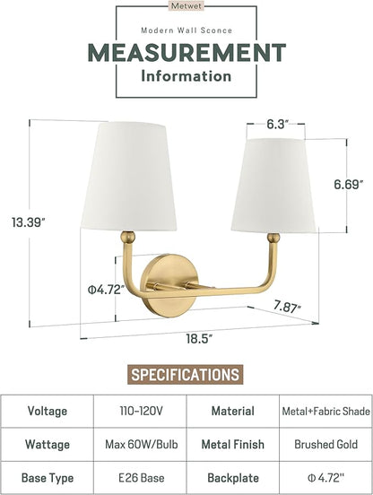 2 Light Bathroom Light Fixtures, Brushed Gold Vanity Lights, Double Wall Sconce with Beige Fabric Shade, Modern Sconces Wall Lighting for Hallway Bedroom Stairway, VL837-BG-B-2