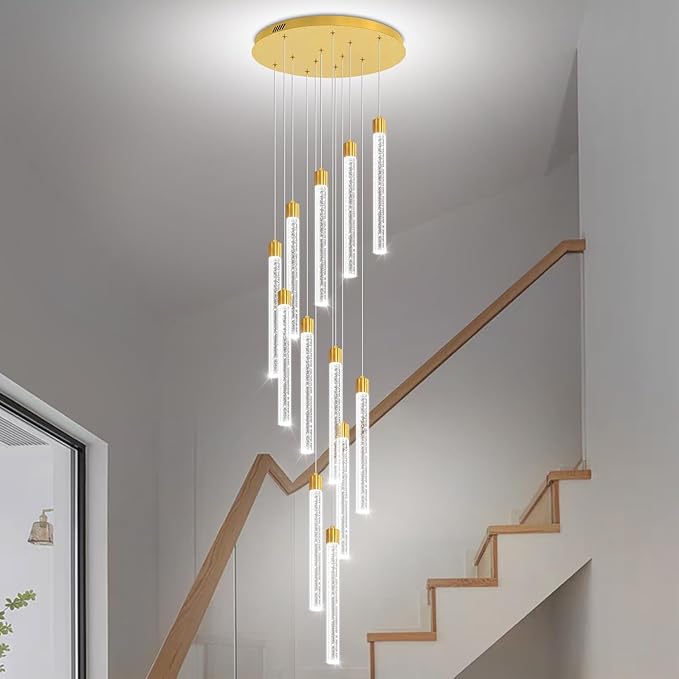 118'' Modern Glam Crystal Column Chandelier for High Ceiling LED Dimmable Pendant Light Staircase Foyer Enterway Living Room Ceiling Chandelier Lighting Gold 12 Lights