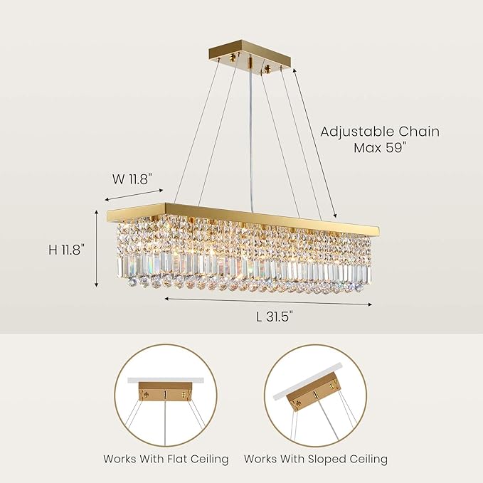 7PM Modern Gold Crystal Chandelier Rectangle Chandeliers for Dining Room Rectangular Pendant Lighting Fixture for Kitchen Island Bedroom L31.5'' x W10'' x H10''